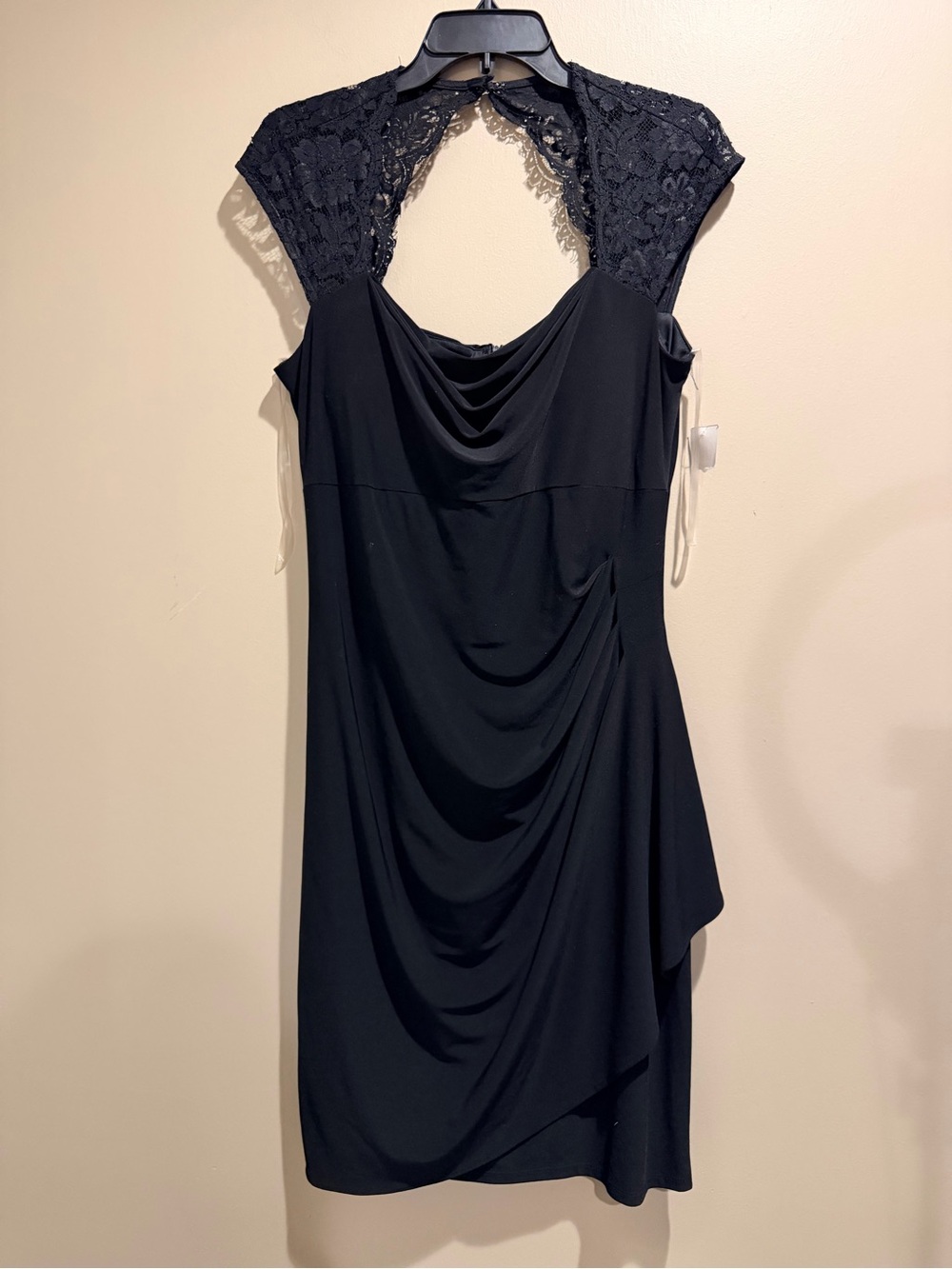 MSK Black Lace Ruched Draped Cocktail Dress Size 14 NWT
